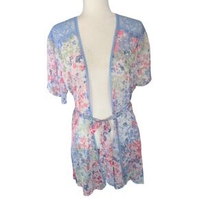 In Bloom by Jonquil Floral Lace Kimono Lounge Robe Cover Up Peri Blue XS-S New